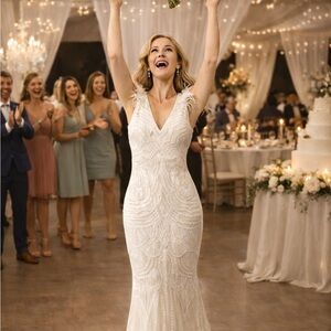 ✨ Affordable Luxury – Under $60
 Ivory Beaded Feather-Trim Wedding Gown